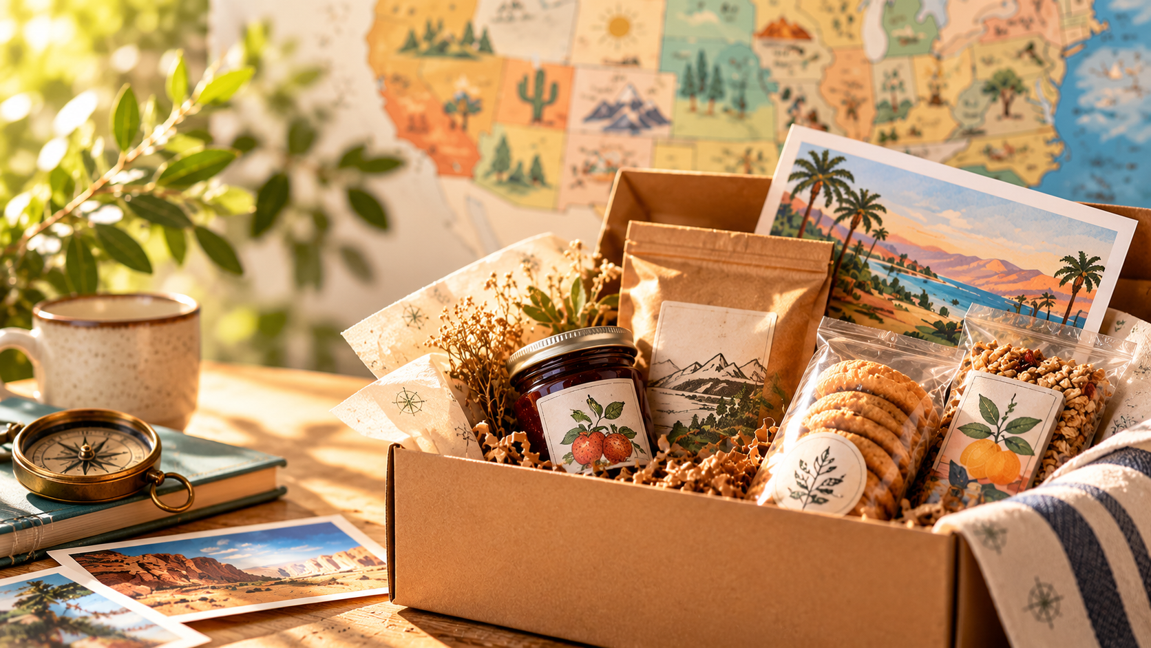 American discovery still life with artisan foods, travel postcards, a compass, and a United States map
